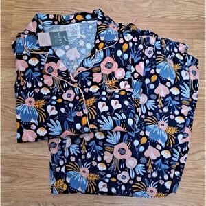 Women Navy Floral Serra 2 Piece 100% Cotton Flannel Pajama Set Size XL READ